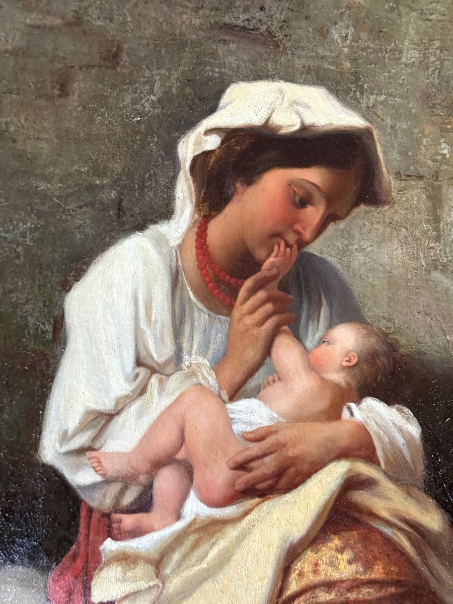 Maternity Or Young Peasant Woman And Her Child, Signed C Bühler, Italy 19th Century-photo-3