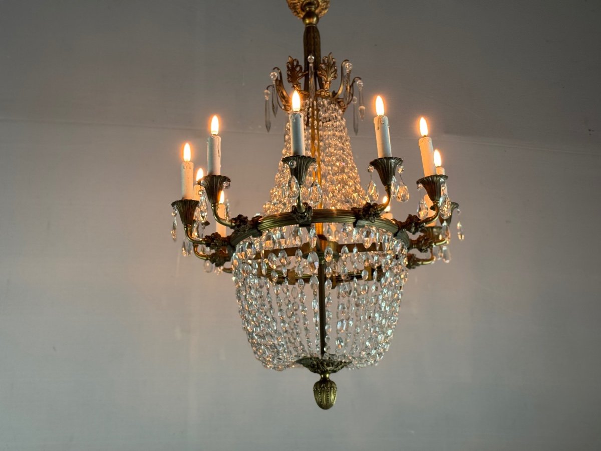 Lustre Sac De Perles Et Bronze De Forme Ovale, Vers 1900 -photo-1