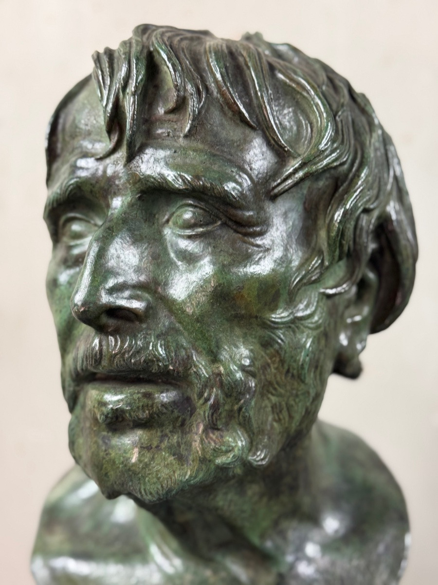 Buste Masculin En Bronze, « pseudo Seneque »patine Verte D’après L’antique, XIXéme Siècle -photo-5