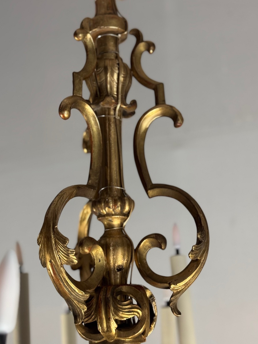 Lustre En Bois Sculpté Et Doré, 18 Bras De Lumière, Italie Vers 1880 -photo-3