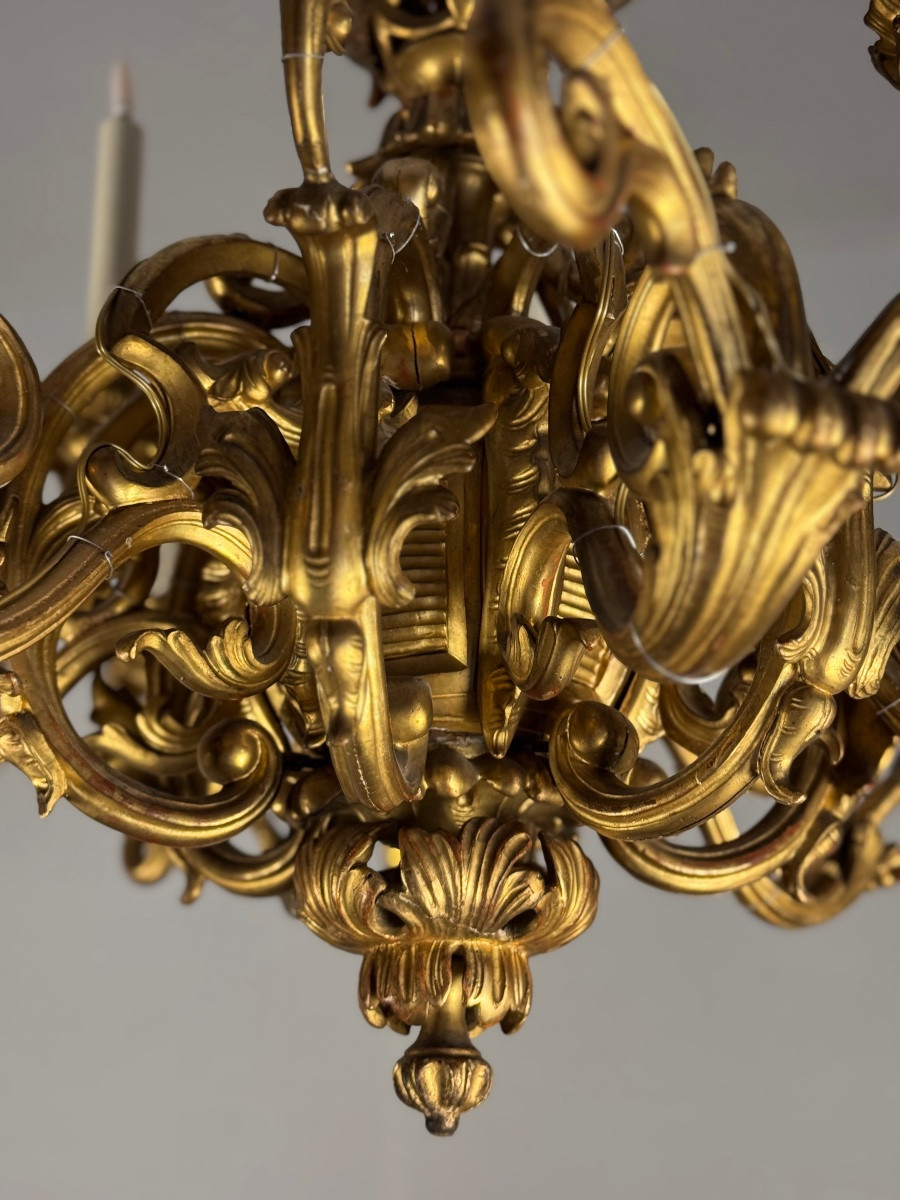 Lustre En Bois Sculpté Et Doré, 18 Bras De Lumière, Italie Vers 1880 -photo-6