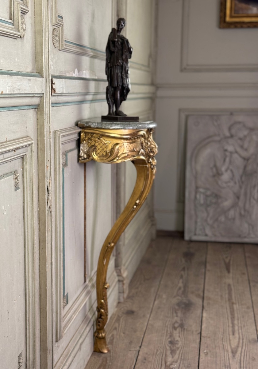 Console Table, Carved And Gilded Wood, Louis XV Style, Circa 1900, Green Campan Marble-photo-7