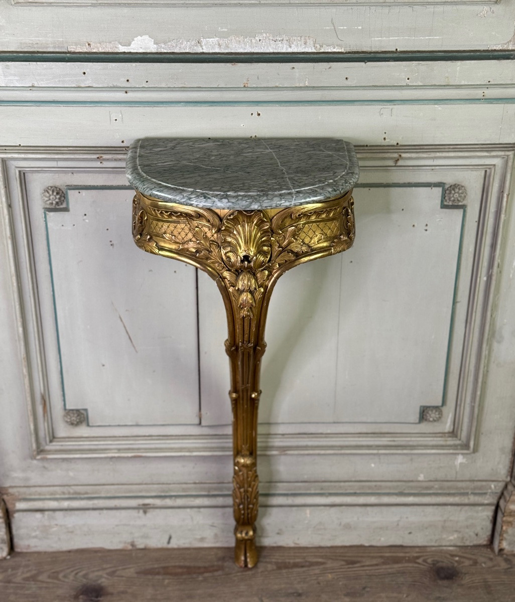 Console Table, Carved And Gilded Wood, Louis XV Style, Circa 1900, Green Campan Marble-photo-8