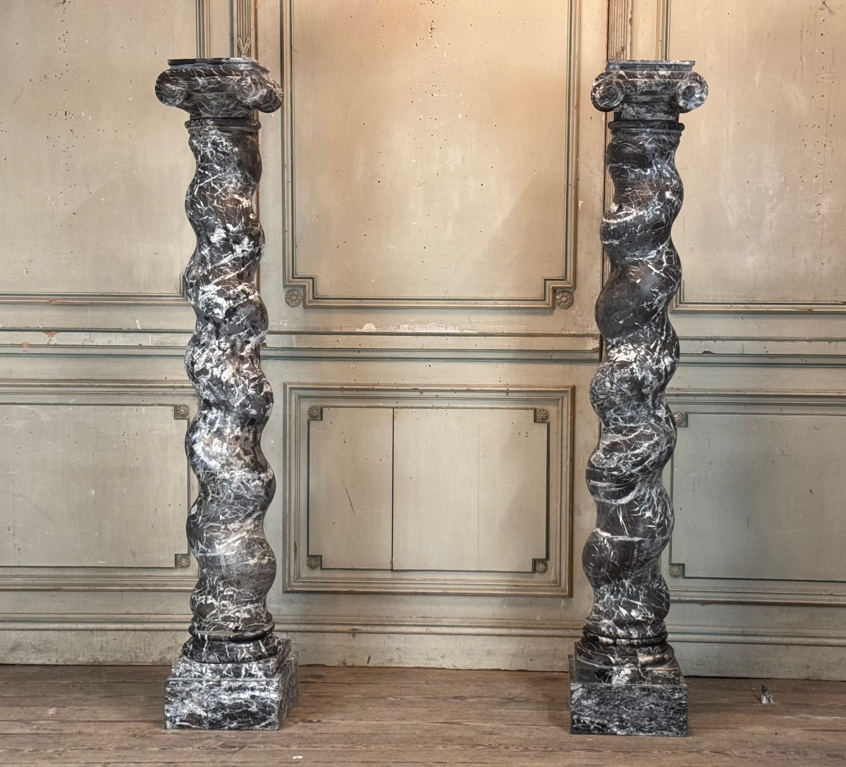 Pair Of Twisted Columns In Grey Ardennes Marble, Circa 1880