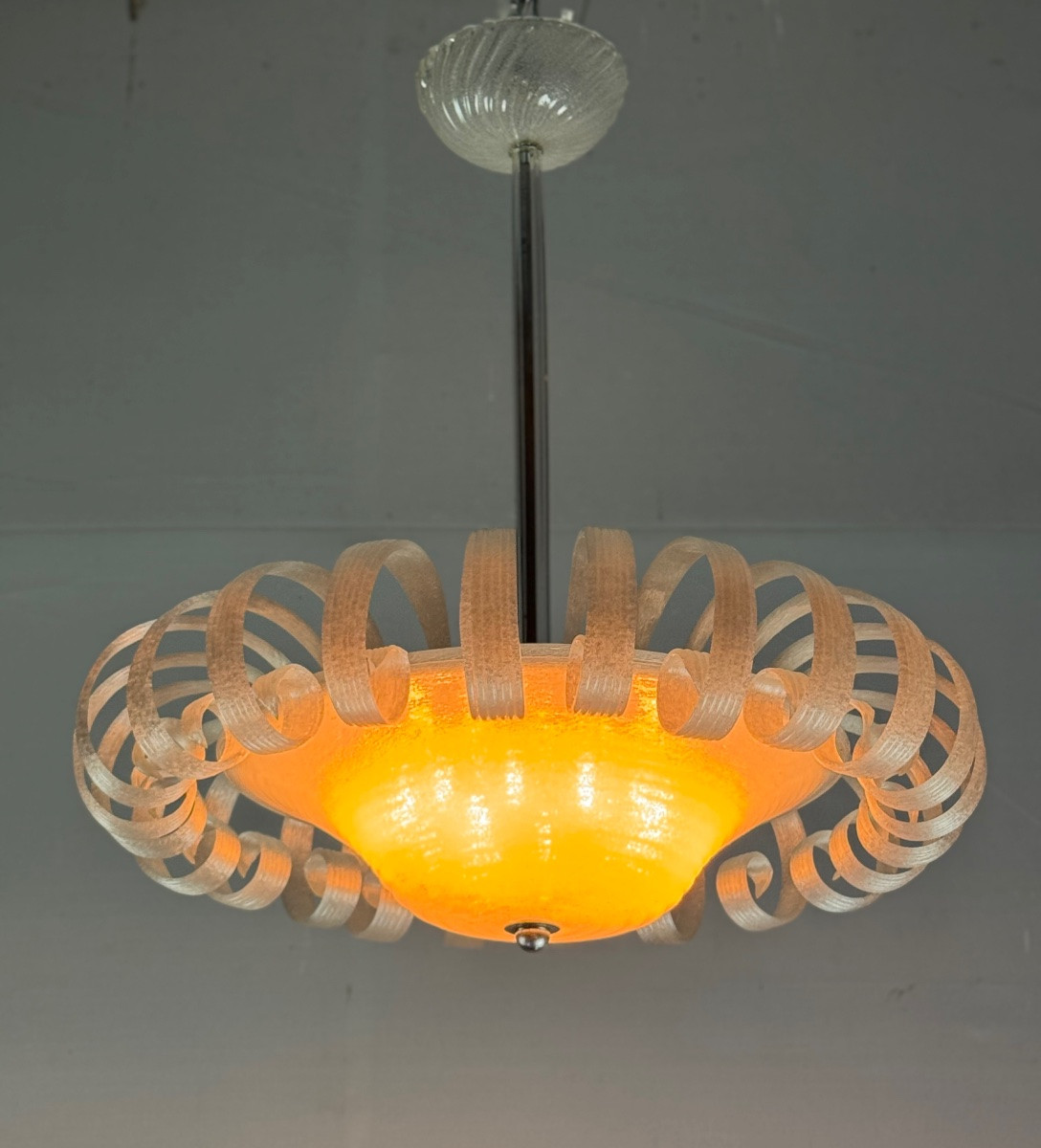 Lustre Vénitien En Verre De Murano Blanc Irisé, Vers 1930  -photo-2