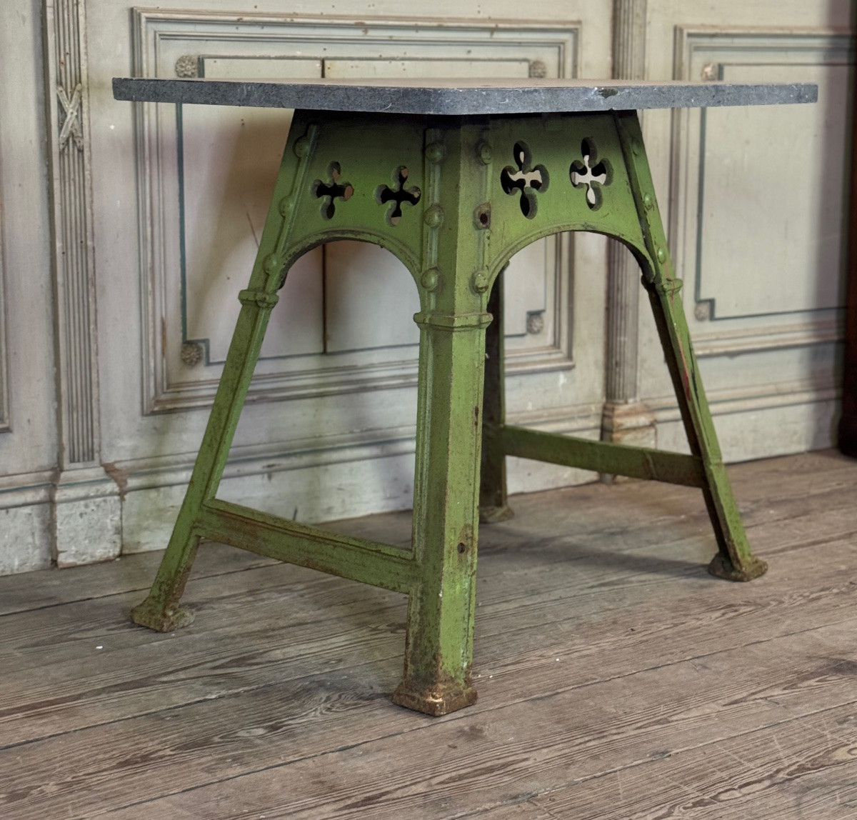 Industrial Metal Table In The Eiffel Style, Original Worn Green Paint, Circa 1900-photo-2