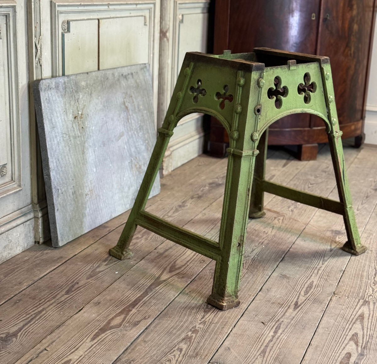 Industrial Metal Table In The Eiffel Style, Original Worn Green Paint, Circa 1900-photo-1