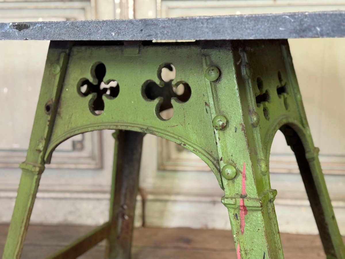 Industrial Metal Table In The Eiffel Style, Original Worn Green Paint, Circa 1900-photo-3
