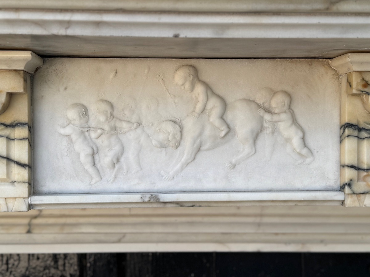 Cheminée Napoléon III En Marbre Paonazzo, Cartouche En Marbre Blanc Statuaire Vers 1880-photo-3