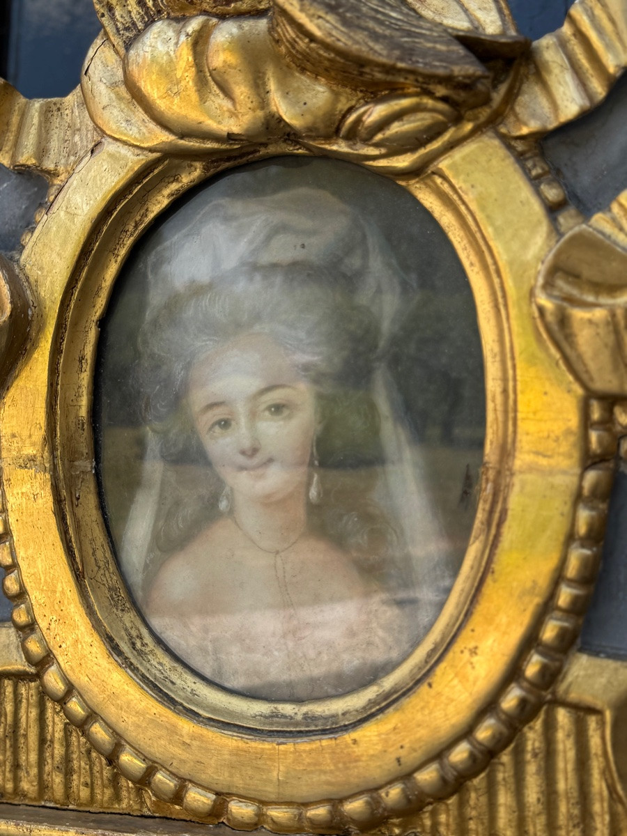 Grand Miroir Aux Colombes Enlacées, Louis XVI, Bois Doré Et Peint, XVIIIème Siècle-photo-8