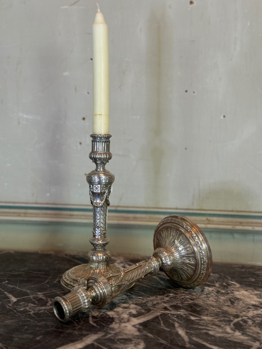 Pair Of Louis XVI Style Wolfers Candlesticks, Solid Silver, 950/1000th Grade Hallmark-photo-7