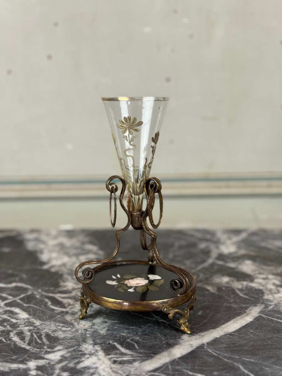 Petit Vase En Verre émaillé, Bronze Et Marqueterie De Marbre, Vers 1880-photo-3