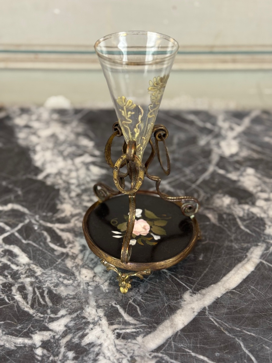 Petit Vase En Verre émaillé, Bronze Et Marqueterie De Marbre, Vers 1880-photo-7