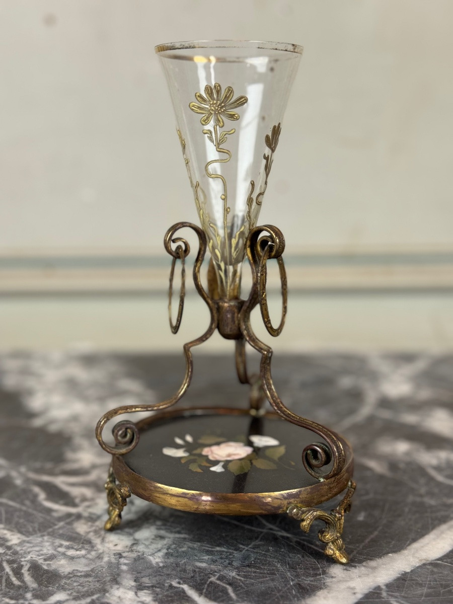 Petit Vase En Verre émaillé, Bronze Et Marqueterie De Marbre, Vers 1880-photo-8