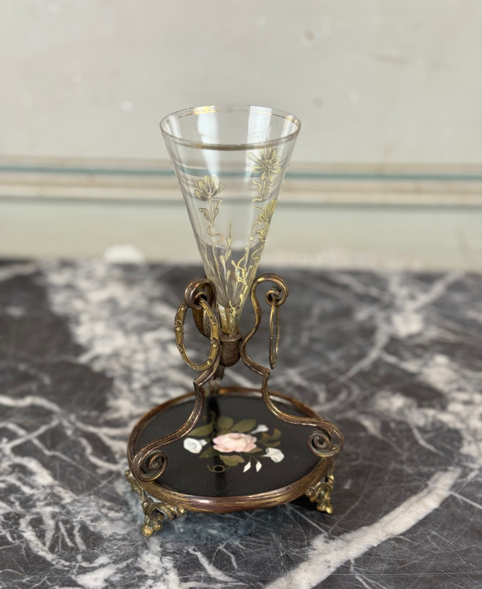 Petit Vase En Verre émaillé, Bronze Et Marqueterie De Marbre, Vers 1880