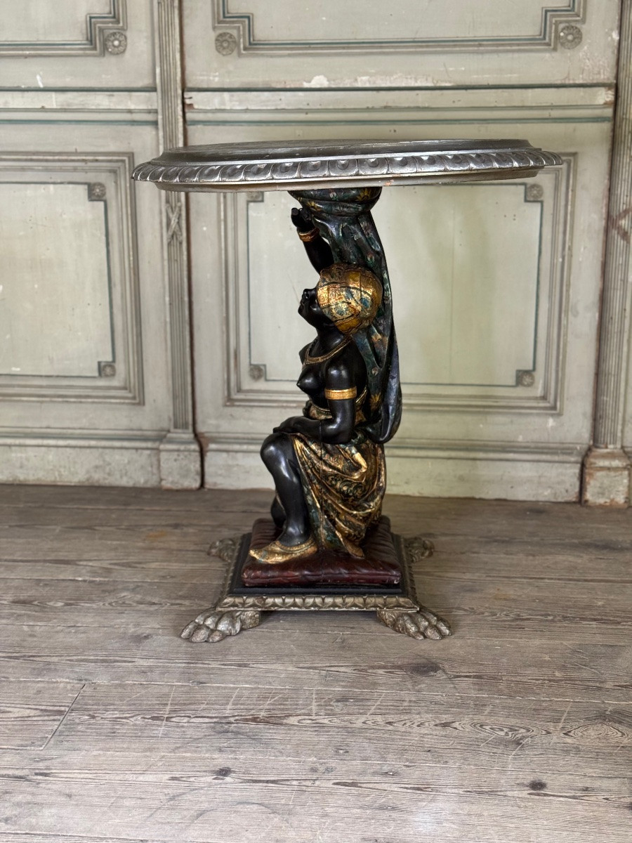 Guéridon vénitien à la nubienne, sculpture polychrome vers 1880-photo-1