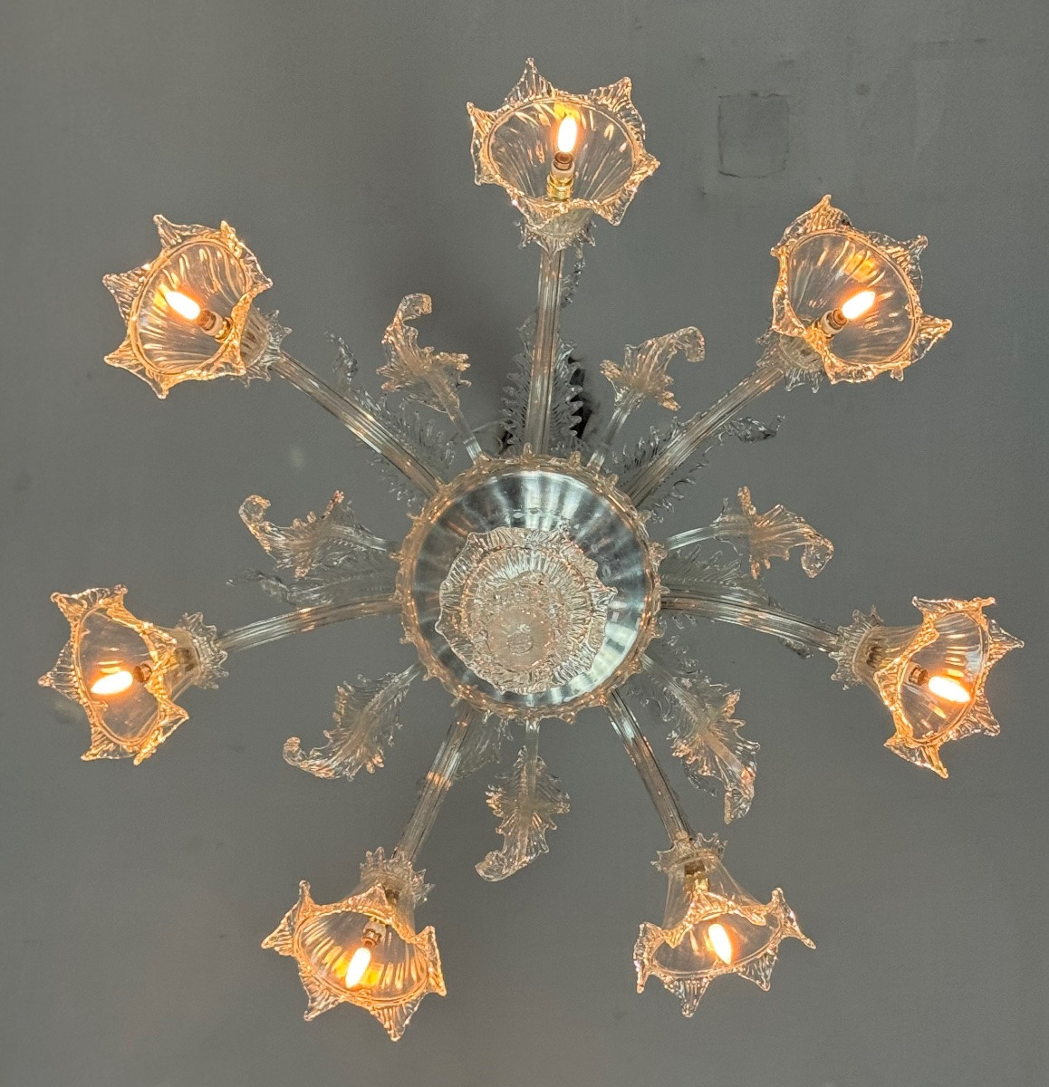 Venetian Chandelier In Colorless Murano Glass, 7 Light Arms Circa 1930-photo-2