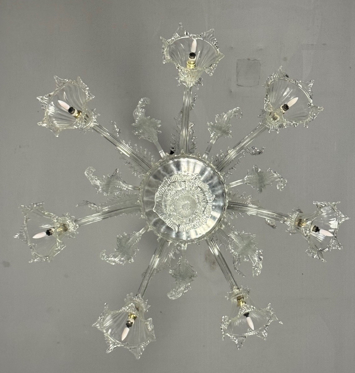 Venetian Chandelier In Colorless Murano Glass, 7 Light Arms Circa 1930-photo-3
