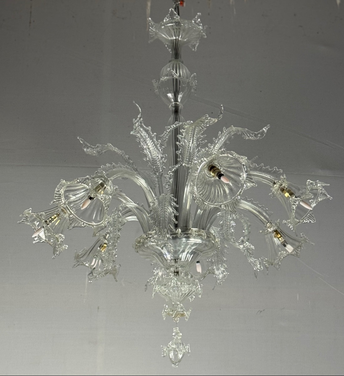 Venetian Chandelier In Colorless Murano Glass, 7 Light Arms Circa 1930-photo-4