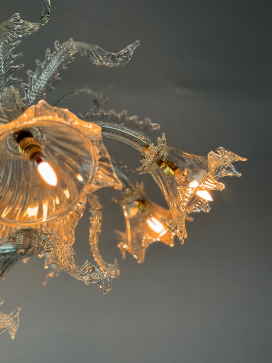 Venetian Chandelier In Colorless Murano Glass, 7 Light Arms Circa 1930-photo-3
