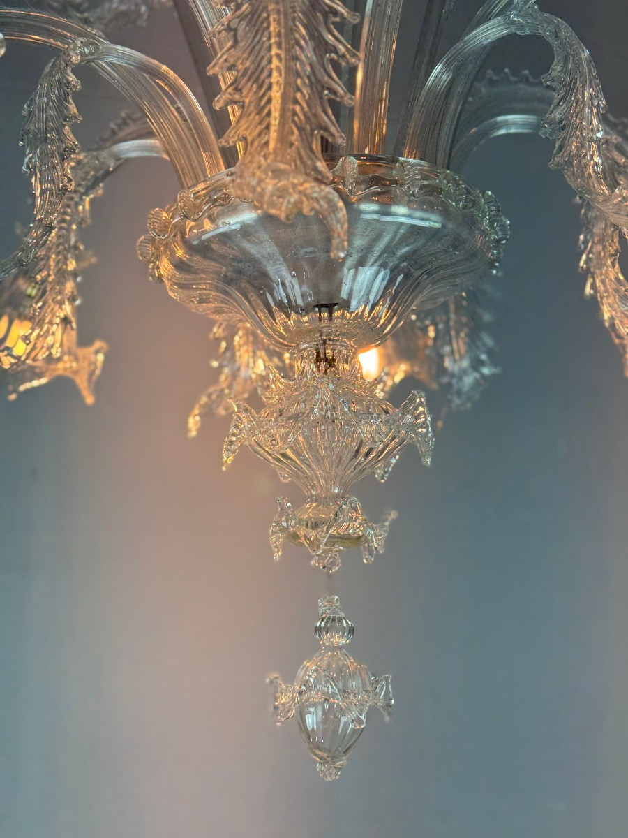 Venetian Chandelier In Colorless Murano Glass, 7 Light Arms Circa 1930-photo-6