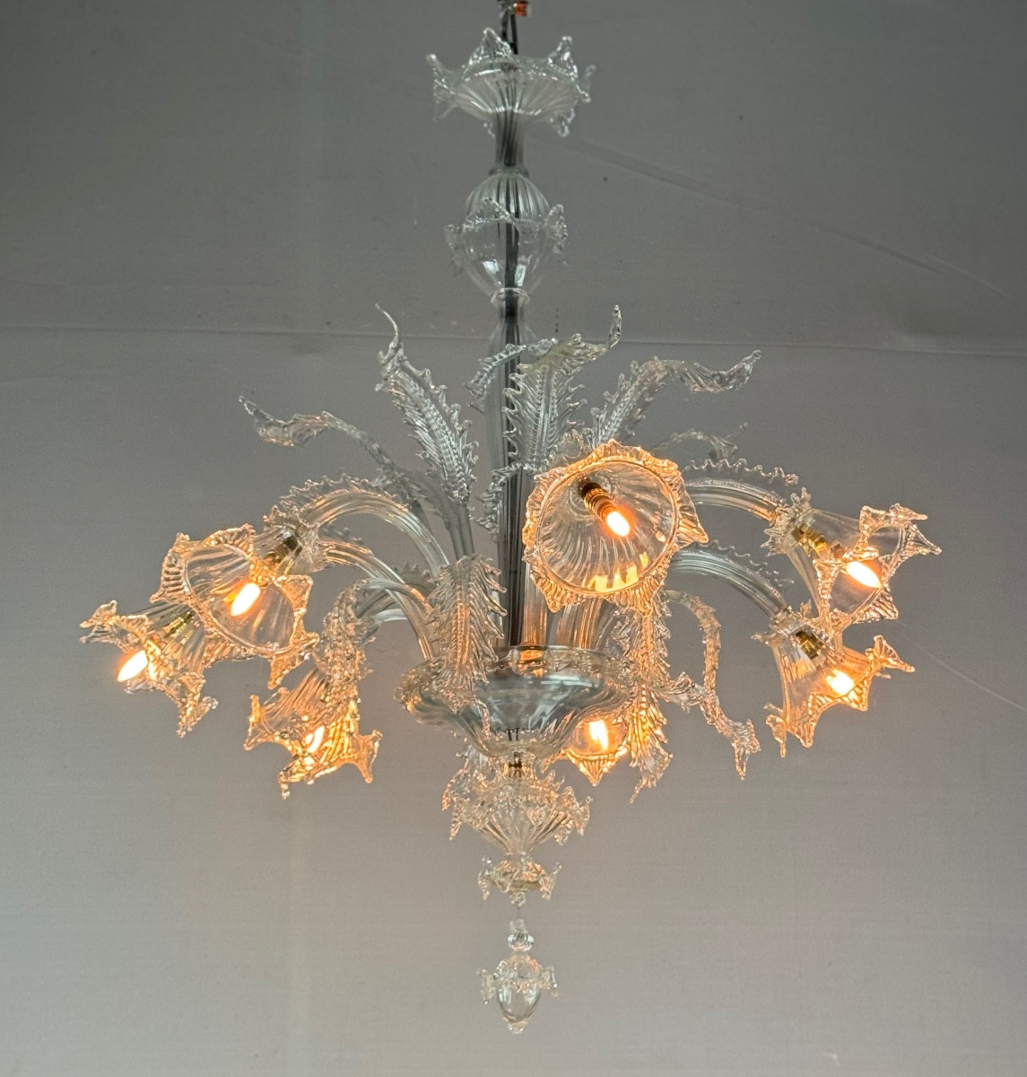 Venetian Chandelier In Colorless Murano Glass, 7 Light Arms Circa 1930