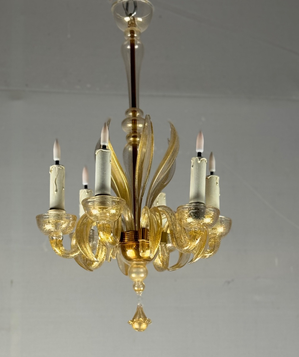 Venetian Murano Glass Chandelier Sprinkled With Gold, Circa 1950-photo-4