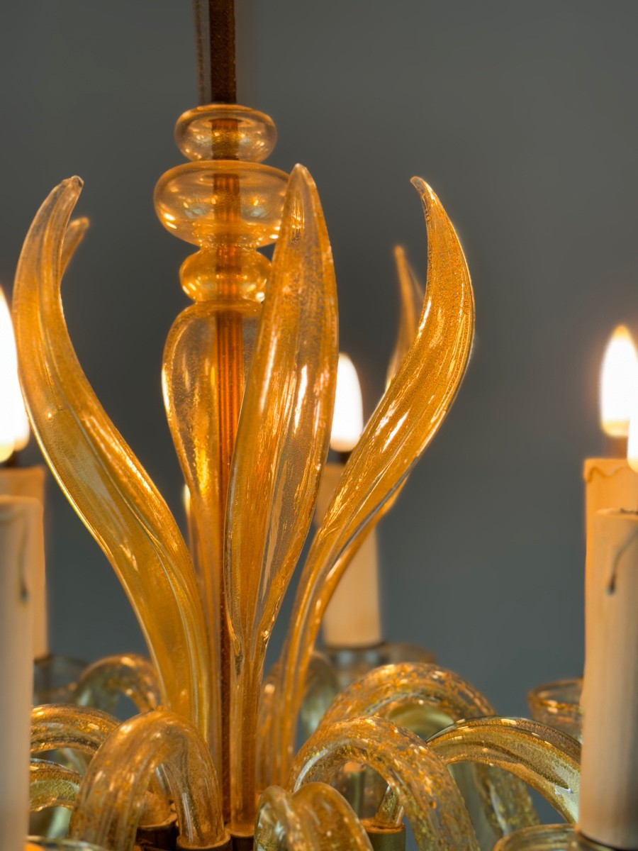 Venetian Murano Glass Chandelier Sprinkled With Gold, Circa 1950-photo-2