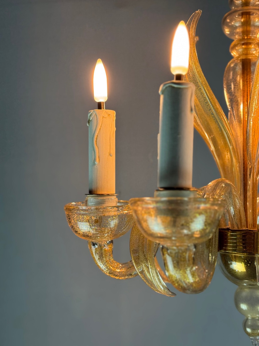 Venetian Murano Glass Chandelier Sprinkled With Gold, Circa 1950-photo-6