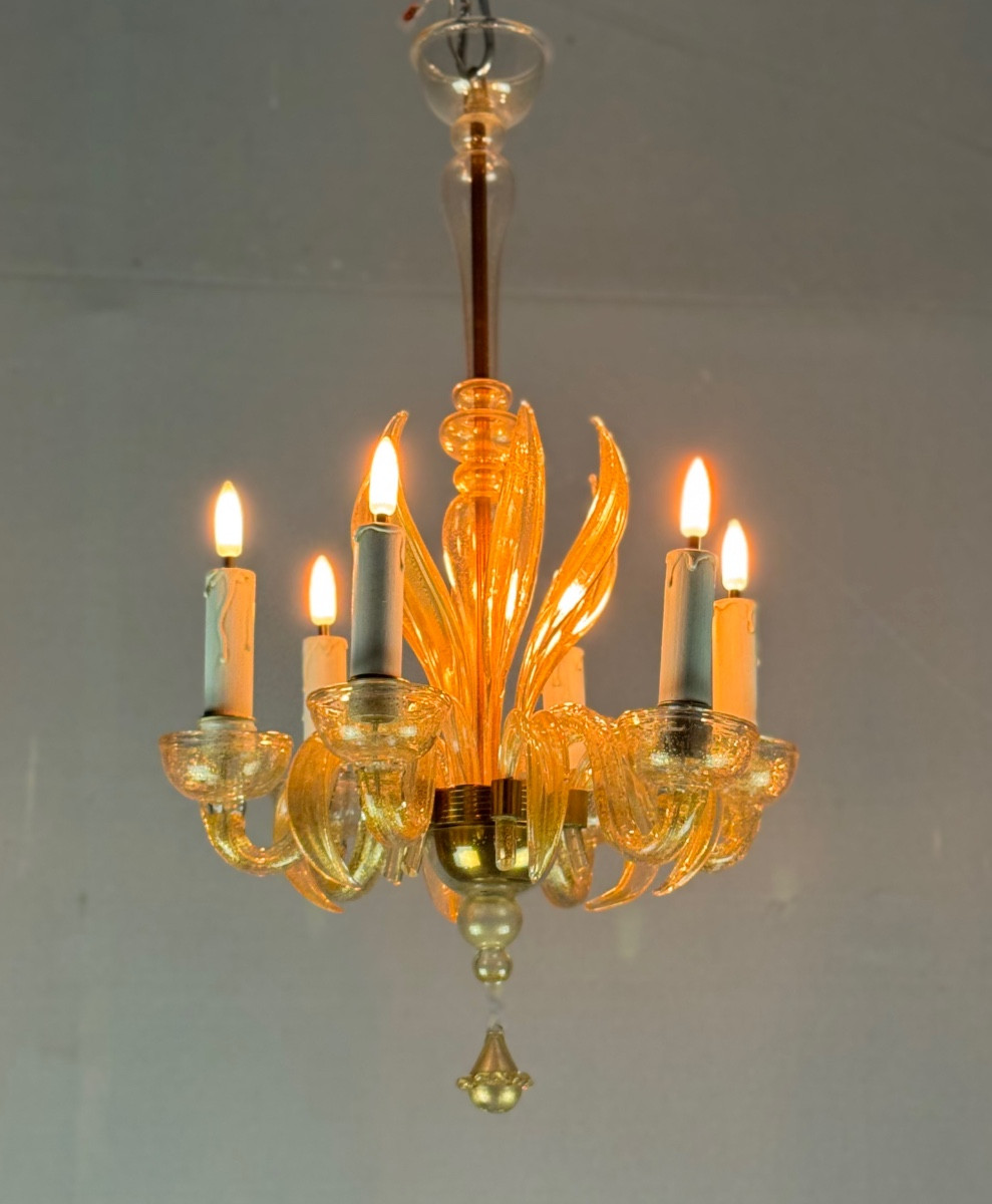 Venetian Murano Glass Chandelier Sprinkled With Gold, Circa 1950