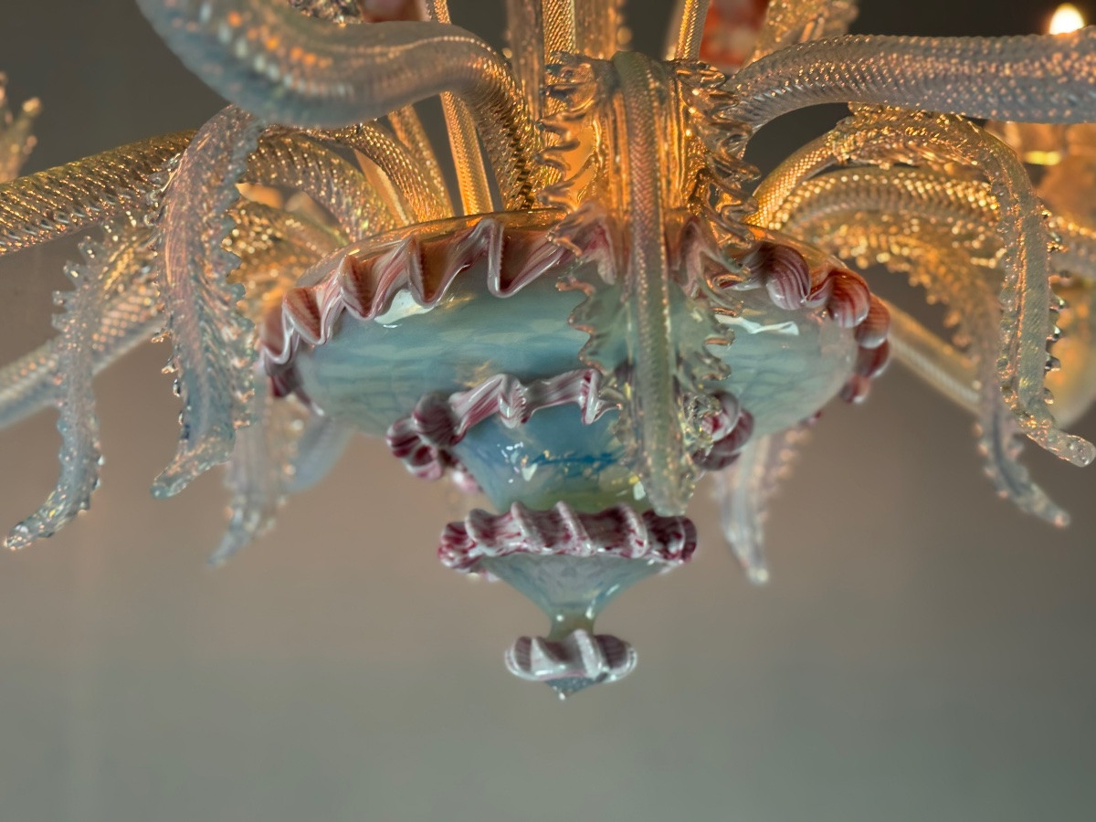Lustre vénitien en verre de Murano bleu et rose, 8 bras de lumière, vers 1950-photo-2