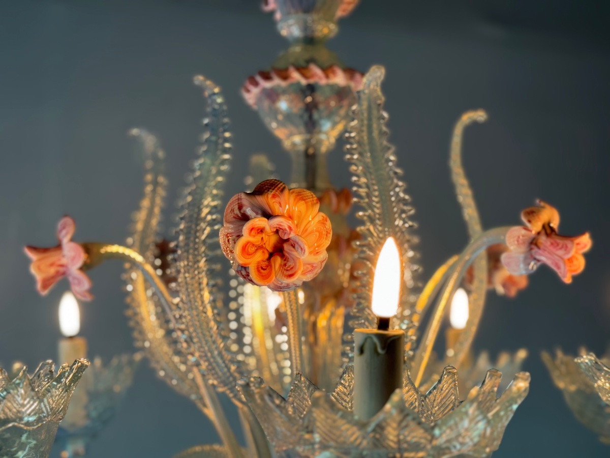 Lustre vénitien en verre de Murano bleu et rose, 8 bras de lumière, vers 1950-photo-4