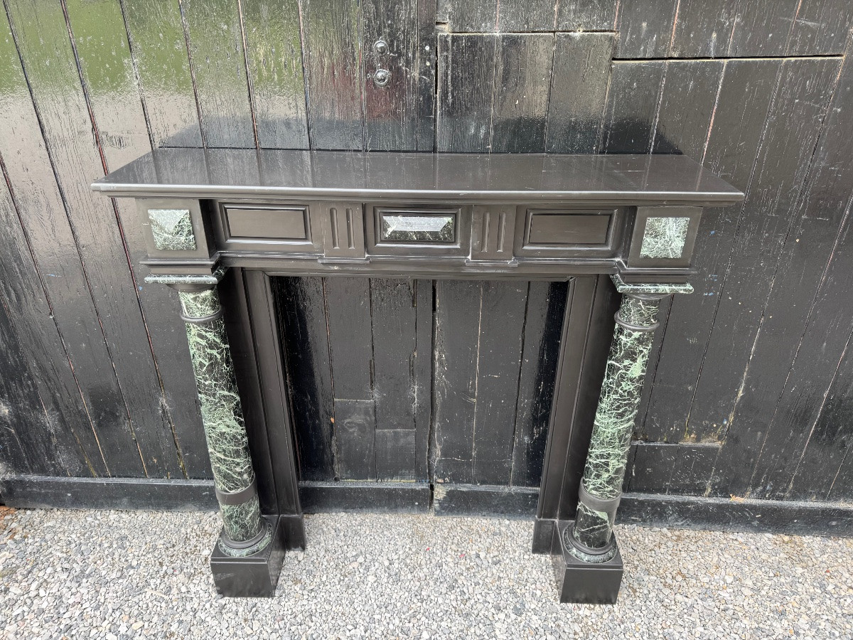 Cheminée Napoléon III en marbre noir de Belgique et vert antique, vers 1880-photo-2