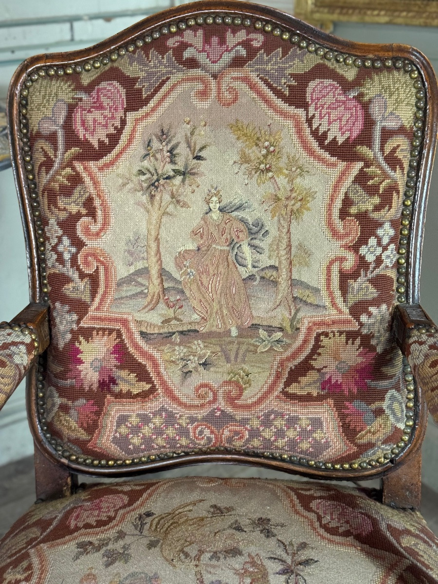 Louis XV Armchair In Carved Walnut, Needlepoint Tapestry, 18th Century -photo-1