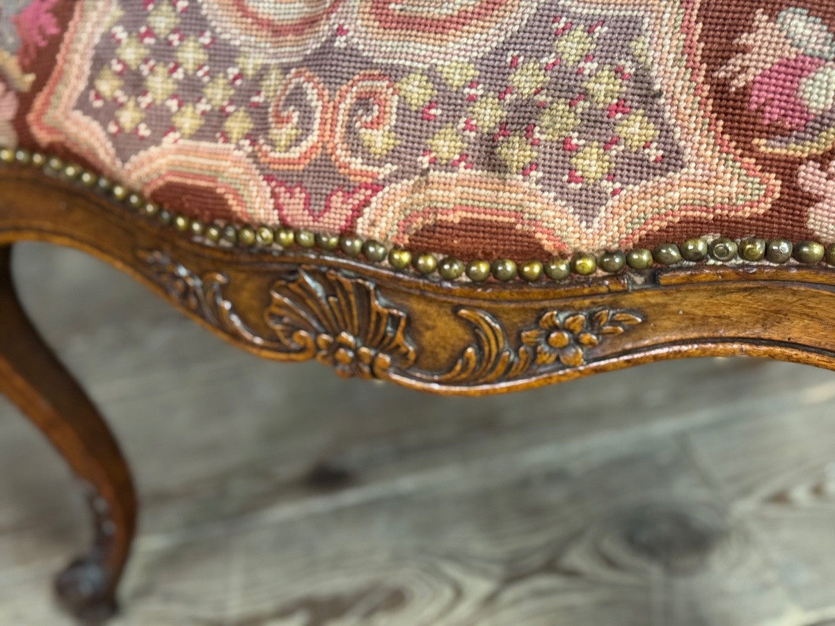 Louis XV Armchair In Carved Walnut, Needlepoint Tapestry, 18th Century -photo-5