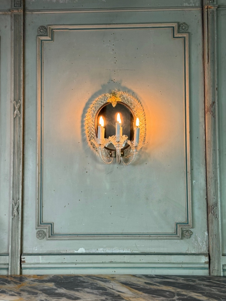 Pair Of “trecchia” Mirror Wall Lights, Venice, Circa 1950, Colorless And Gilded Murano Glass-photo-2