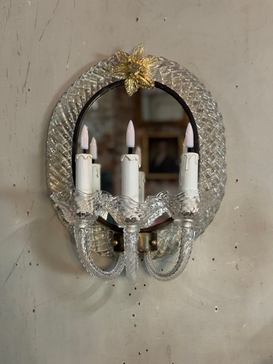 Pair Of “trecchia” Mirror Wall Lights, Venice, Circa 1950, Colorless And Gilded Murano Glass-photo-2