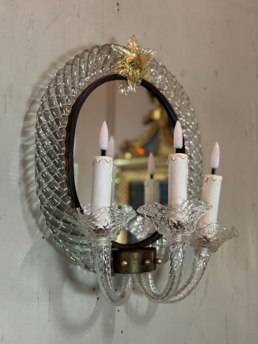 Pair Of “trecchia” Mirror Wall Lights, Venice, Circa 1950, Colorless And Gilded Murano Glass-photo-5