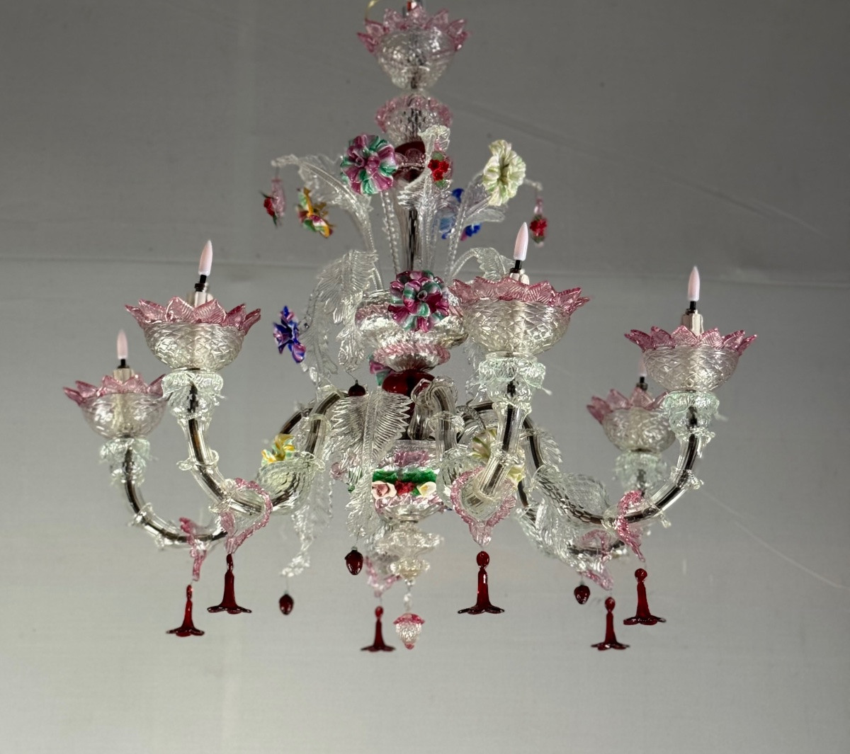 Venetian Chandelier In Multicolored Murano Glass, 6 Light Arms Circa 1920-photo-2