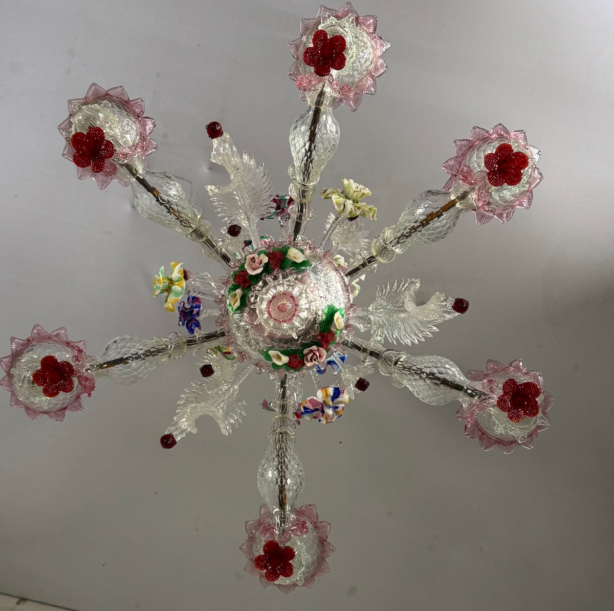 Venetian Chandelier In Multicolored Murano Glass, 6 Light Arms Circa 1920-photo-3