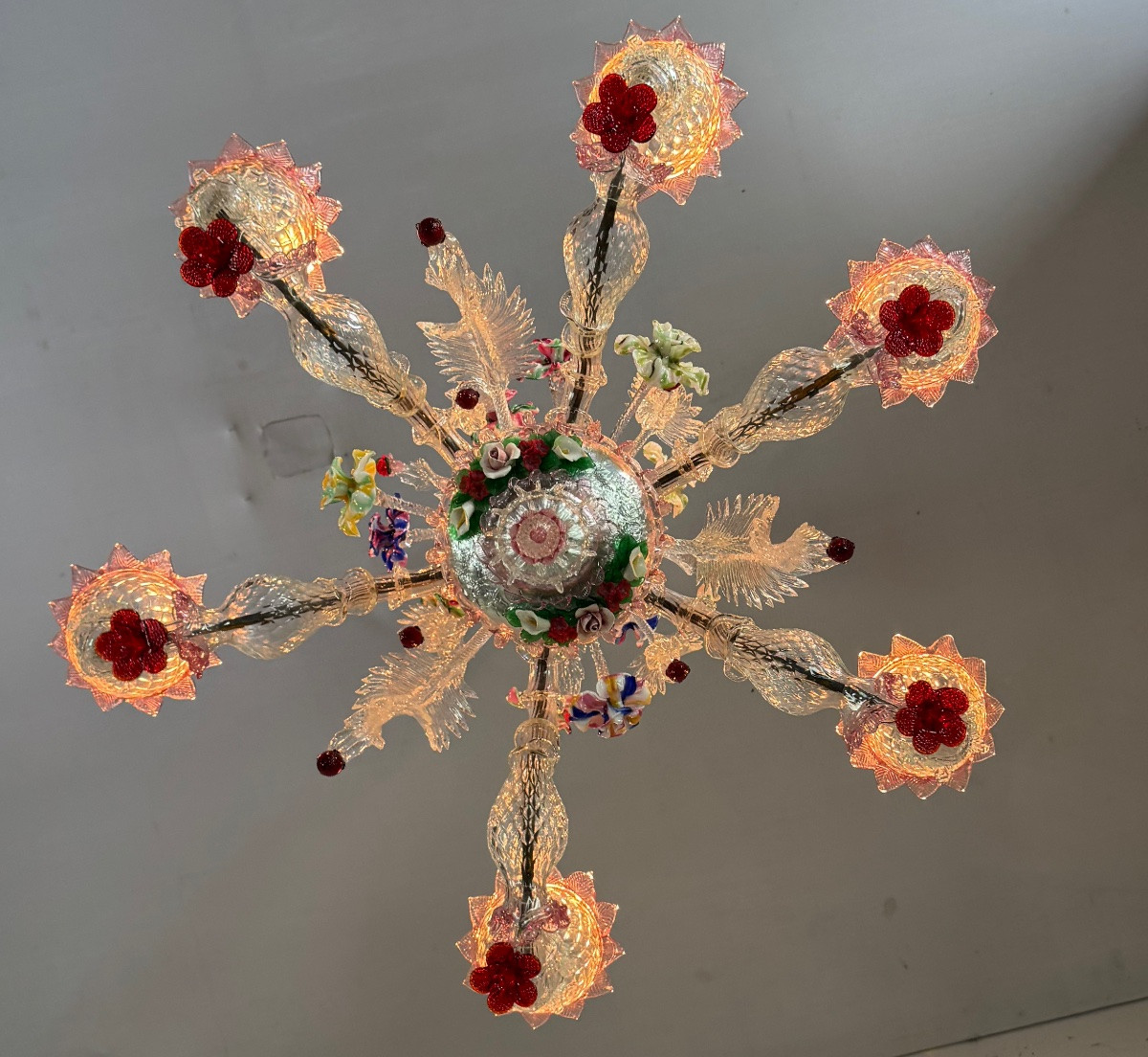 Venetian Chandelier In Multicolored Murano Glass, 6 Light Arms Circa 1920-photo-4