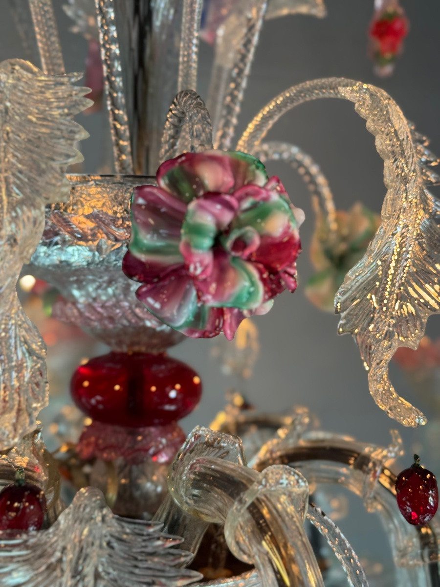 Venetian Chandelier In Multicolored Murano Glass, 6 Light Arms Circa 1920-photo-1