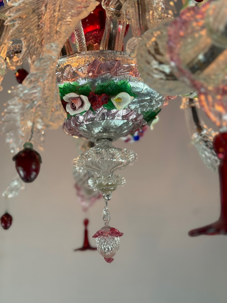 Venetian Chandelier In Multicolored Murano Glass, 6 Light Arms Circa 1920-photo-3