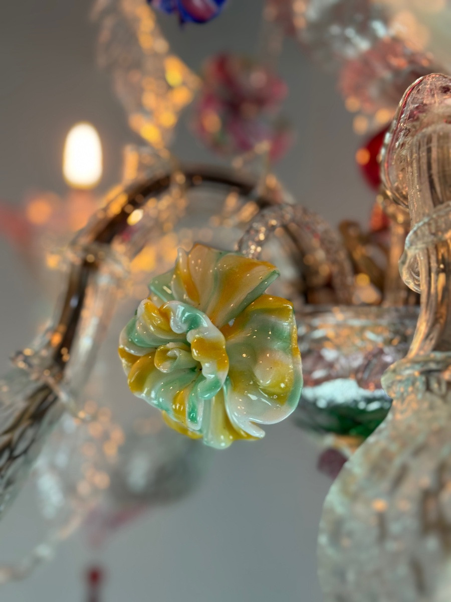 Venetian Chandelier In Multicolored Murano Glass, 6 Light Arms Circa 1920-photo-7