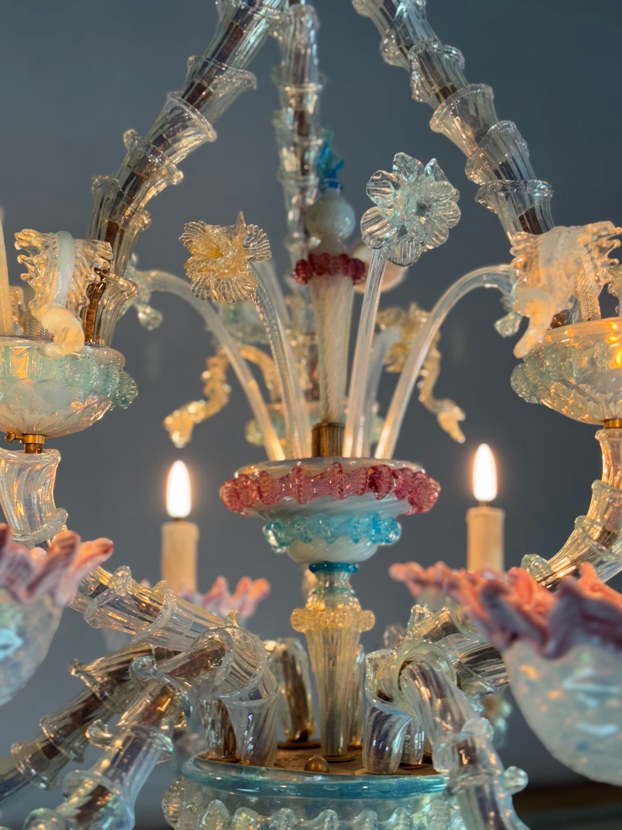 Lustre vénitien Rezzonico en verre de Murano multicolore, vers 1900-photo-1