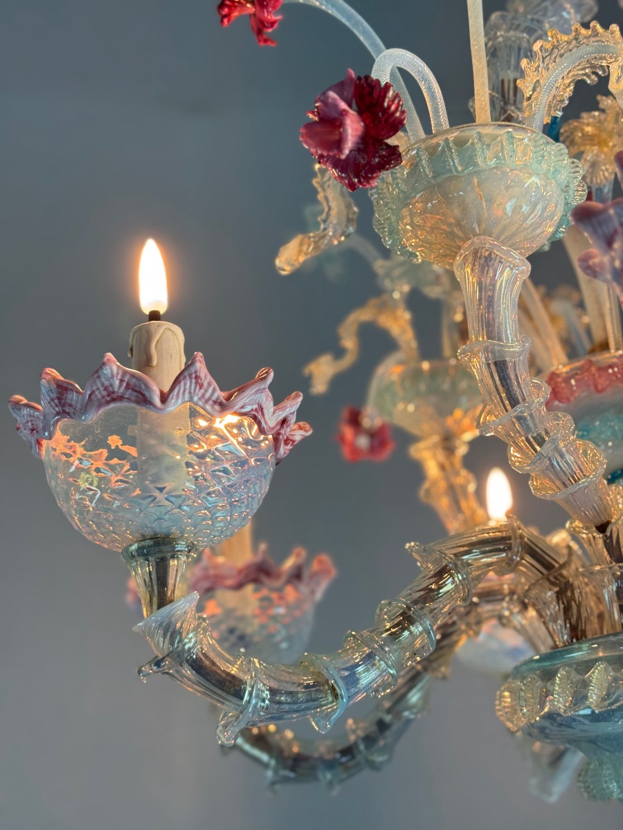 Lustre vénitien Rezzonico en verre de Murano multicolore, vers 1900-photo-2