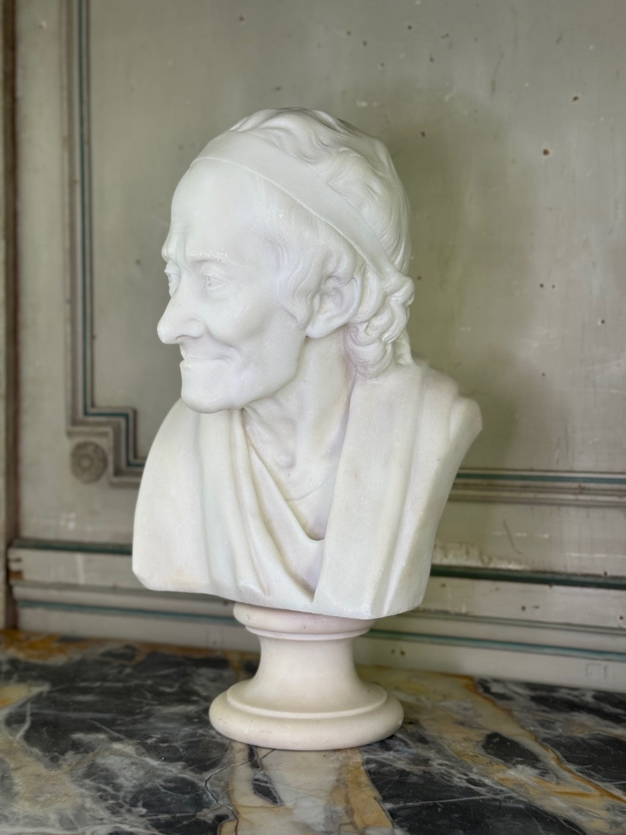 Marble Bust Of Voltaire After Jean Antoine Houdon, 19th Century Copy-photo-2
