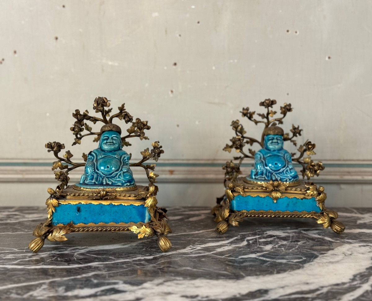Pair Of Pussah Incense Stick Holders, Turquoise Chinese Porcelain From Jingdezhe