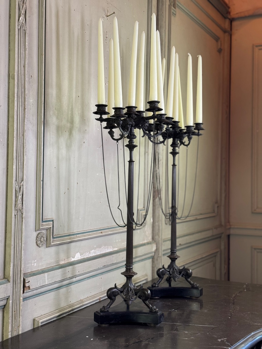 Pair Of Large Bronze Candelabras In The Antique Style, Circa 1880-photo-4