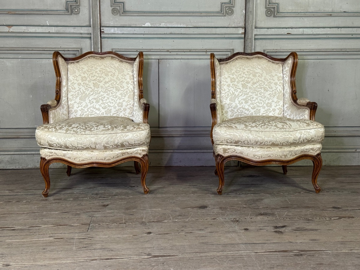 Pair Of Small Louis XV Style Wing Chairs In Carved Walnut, Bosson Stamp, -photo-2